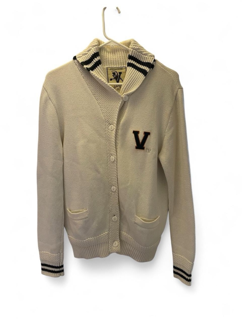 Cream Shawl-Collar Button Cotton Cardigan with Contrasting Stripe Trim